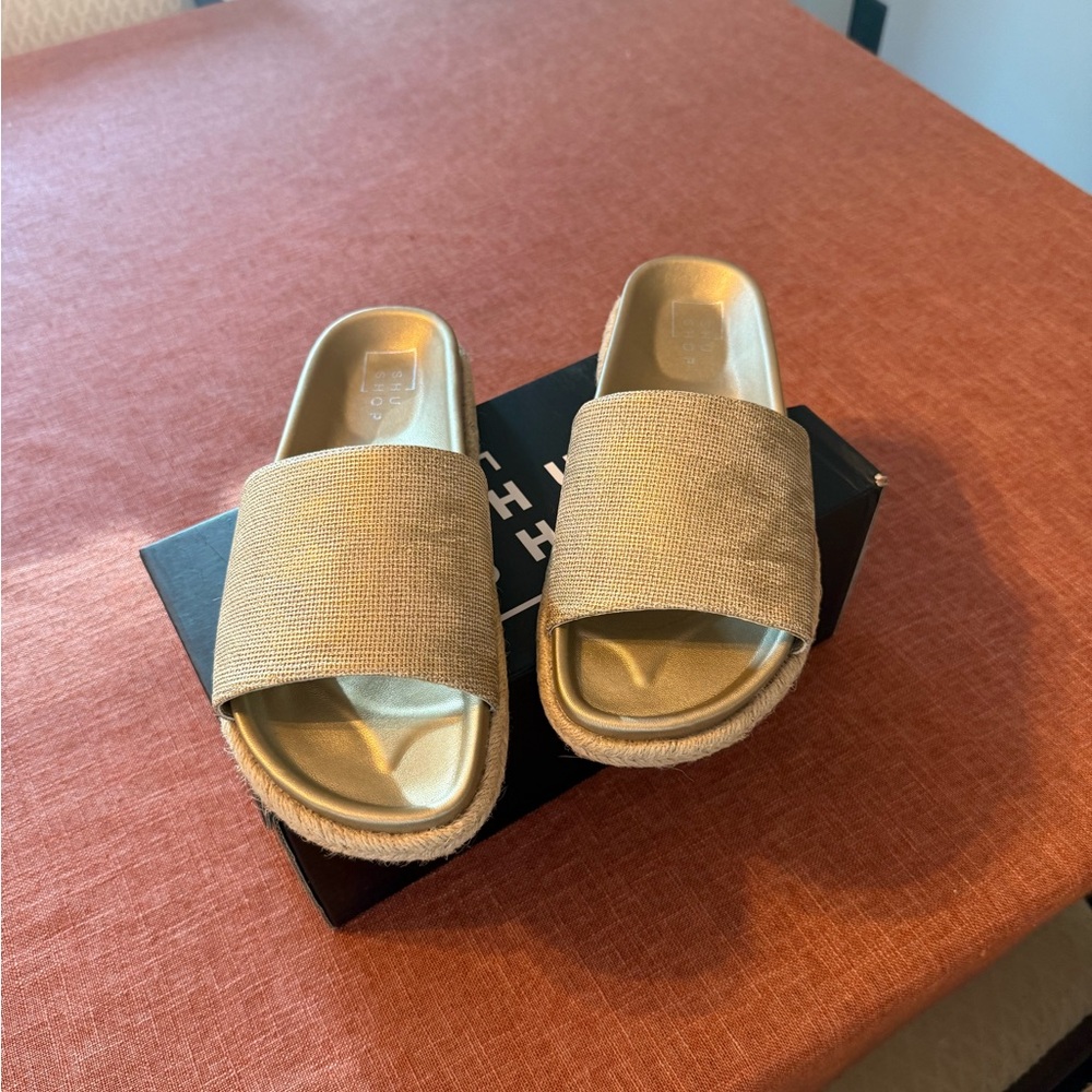 Gold Slide Sandals by Shushop